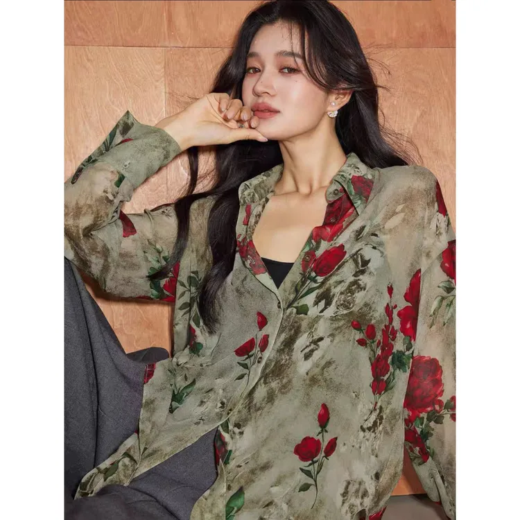 迈沃格气质法式小众复古玫瑰花脏染印花宽松长袖衬衫网红水墨休闲