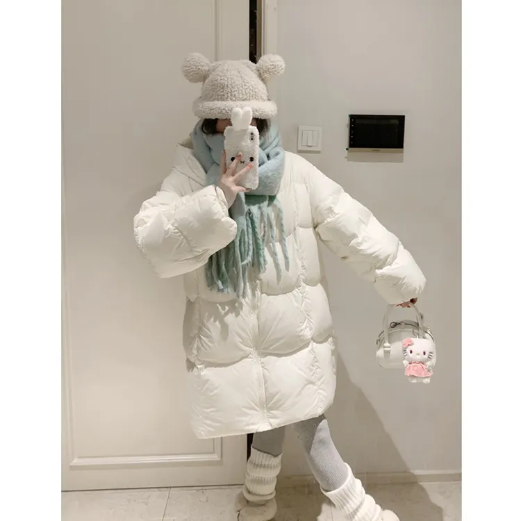 女款白色中长款连帽羽绒服2025冬季小个子90白鸭绒加厚面包服外套