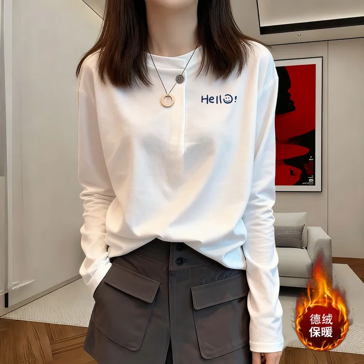 秋冬季爆款加绒高级感休闲小众上衣女宽松白色纽扣正肩长袖T恤女