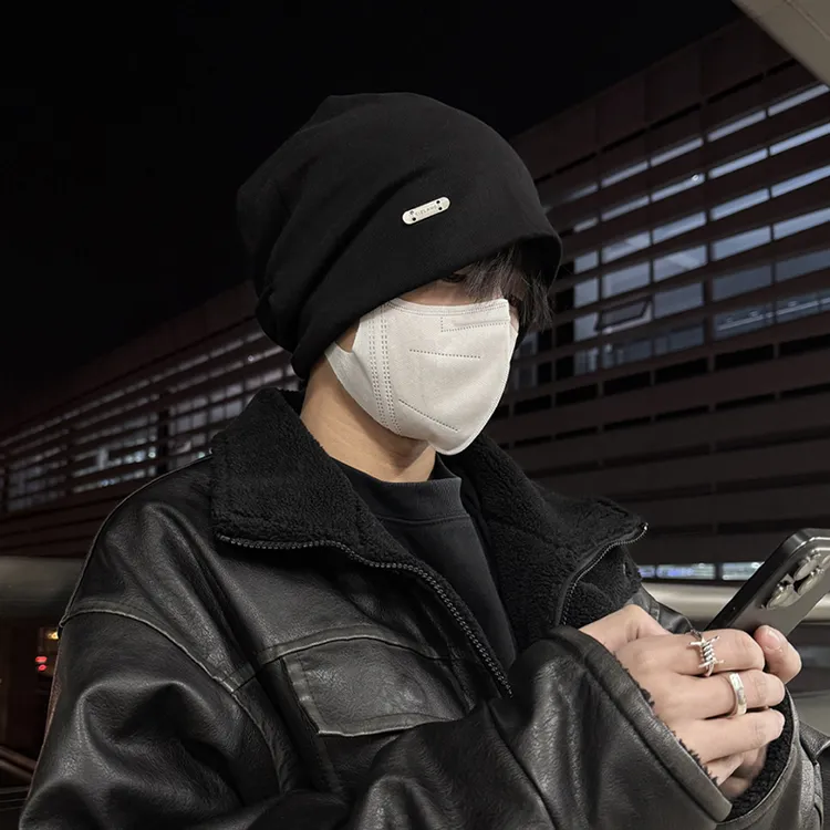 CHUNCC黑色帽子男秋冬毛线帽冷帽大头包头帽针织帽保暖堆堆帽男士