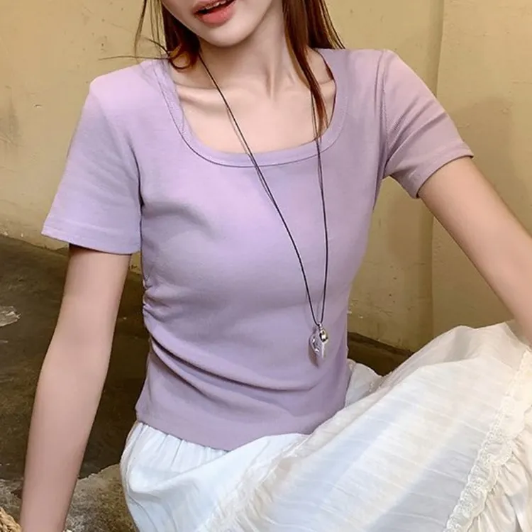 紫色方领短袖t恤女装夏季2025年新款爆款正肩修身显瘦设计感上衣