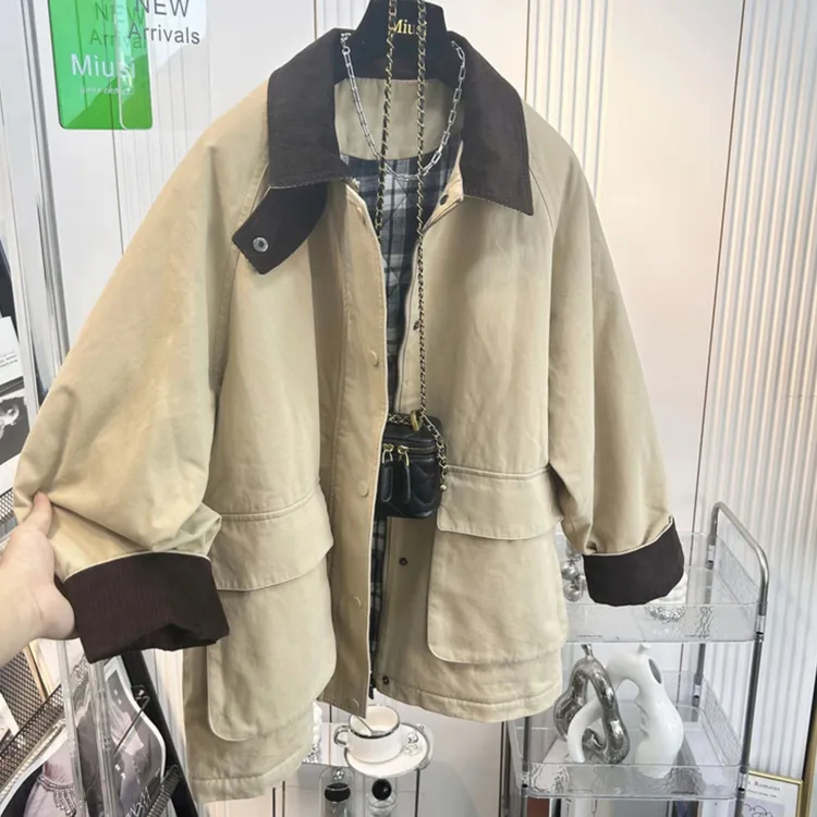 撞色灯芯绒翻领夹棉风衣外套女加厚休闲宽松中长款超好看棉服秋冬