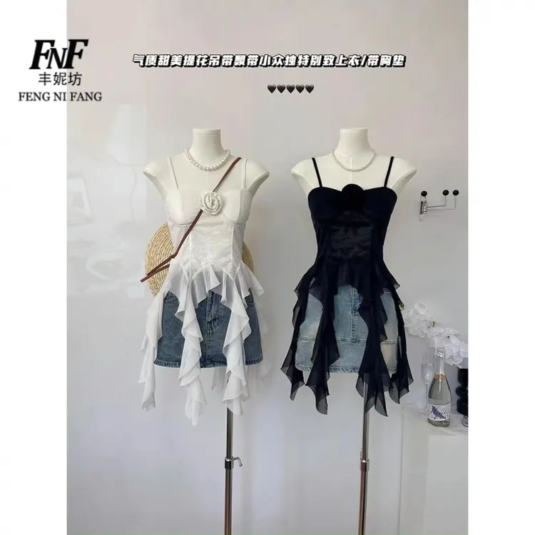 荷叶边花朵无袖抹胸背心女夏季纯欲性感修身白色短款露背上衣外穿