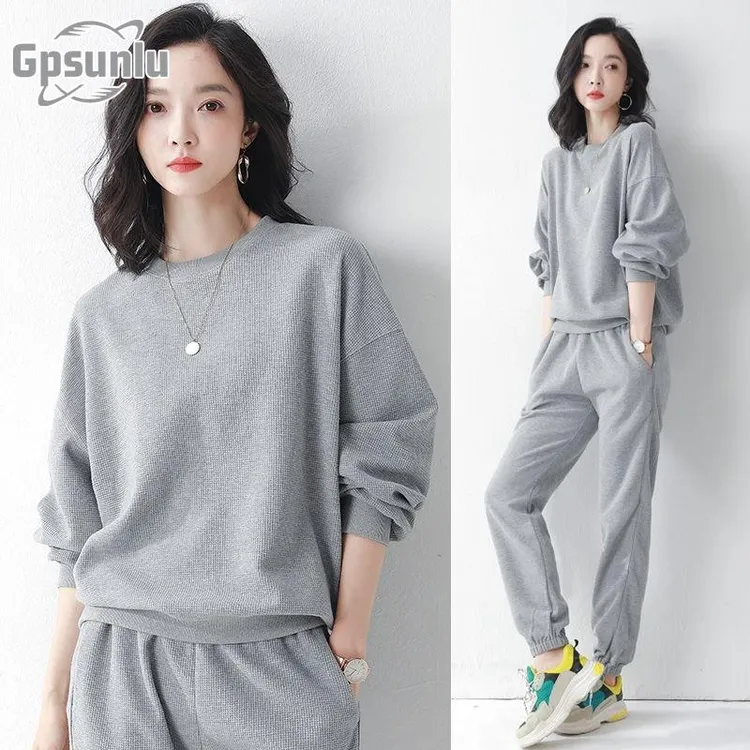 gpsunlu运动套装女春秋新款时尚显瘦气质圆领长袖休闲跑步服卫衣