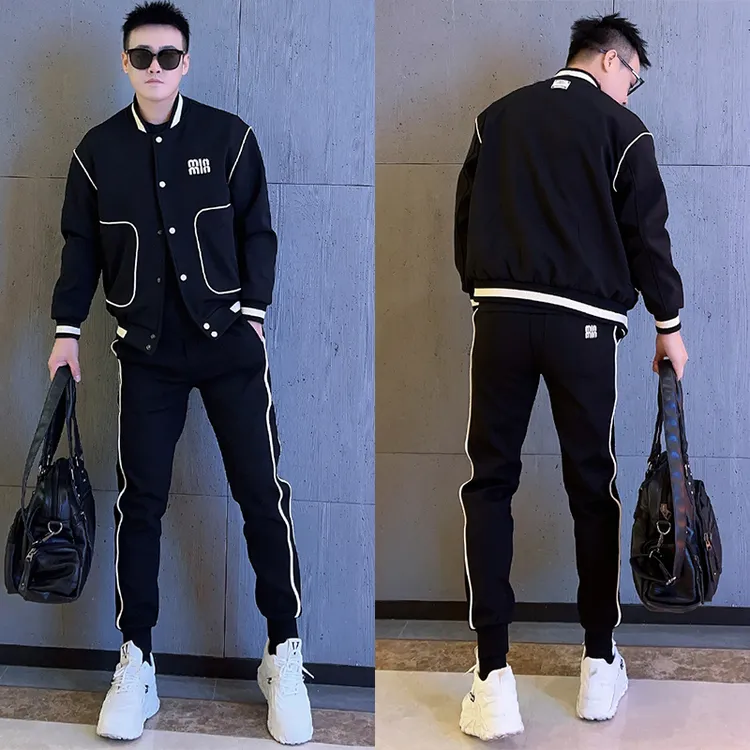 秋季新款男士时尚休闲套装韩版潮流帅气拼接夹克外套束脚裤两件套