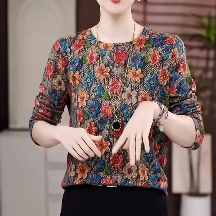 繁花似锦长袖打底衫秋季新款时尚气质圆领I休闲显瘦减龄T恤女上衣