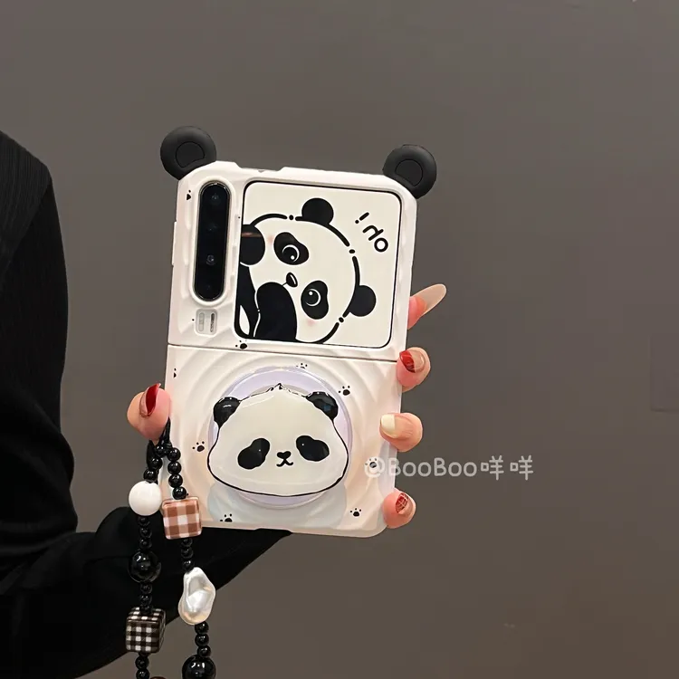 立体耳朵小脚印大熊猫支架适用华为PuraX波漾纹磁吸手机壳pocket2