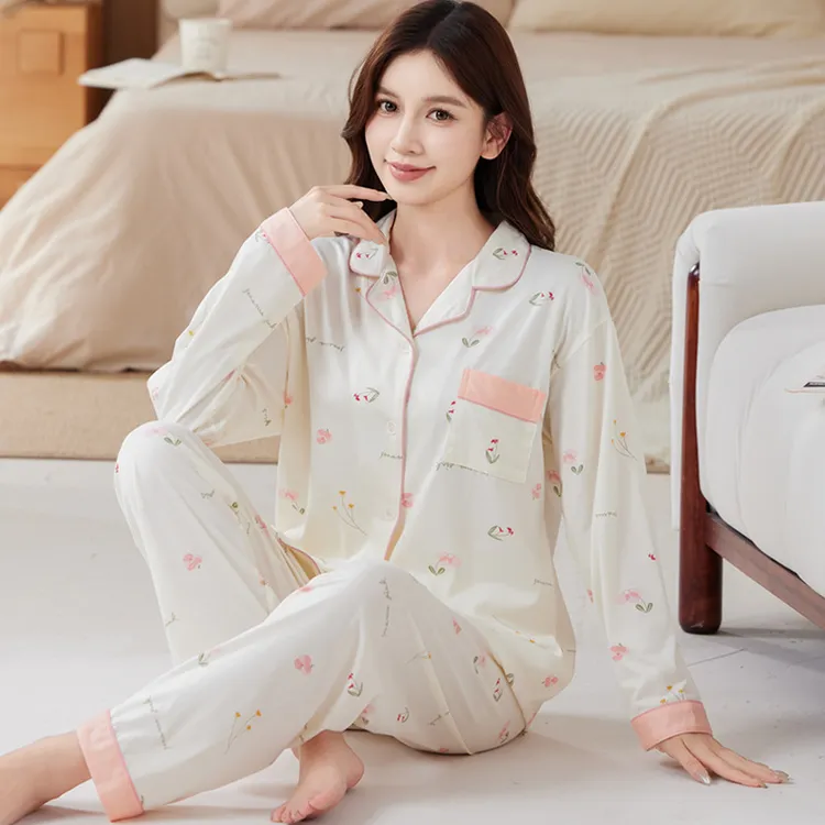 法式浪漫甜美花卉棉质女士睡衣秋冬季长袖开衫中年妈妈居家睡衣