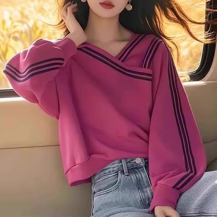 树莓色条纹V领卫衣女2025年秋季新款复古设计感小众别致长袖上衣
