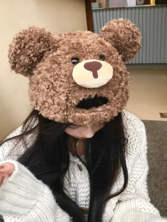 可爱小熊耳朵羊羔绒棒球帽女秋冬季宽帽檐大脸显脸小保暖鸭舌帽子