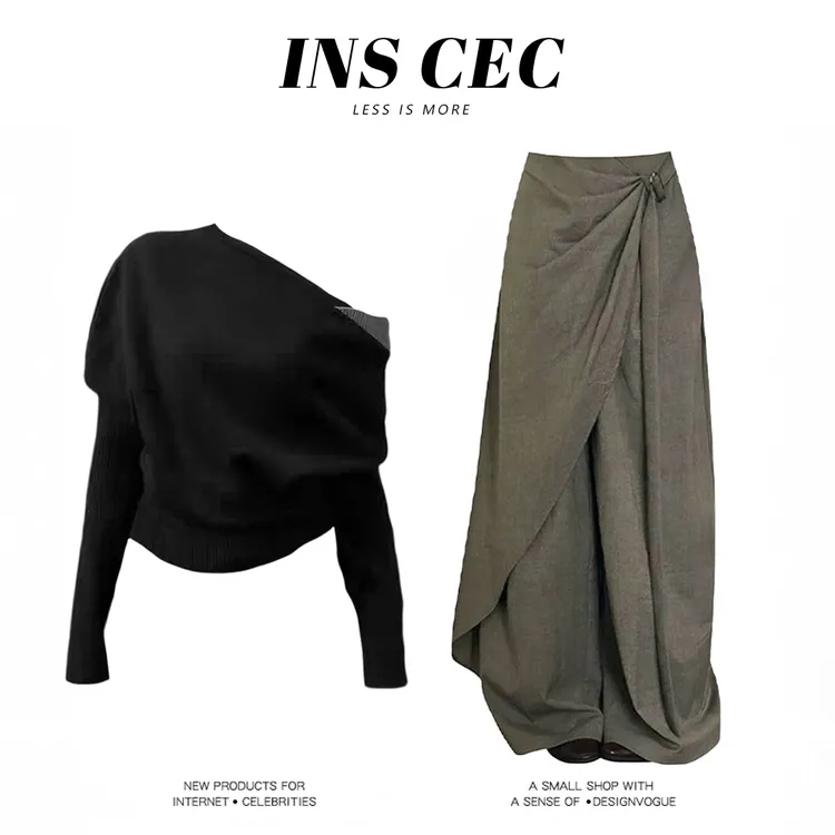 INS CEC御姐风斜领上衣设计感宽松显瘦假两件阔腿长裤子套装穿搭