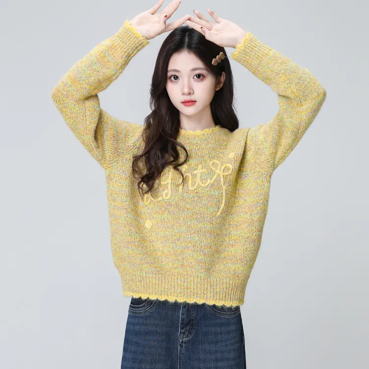 花边圆领毛衣女秋冬2025冬新款小个子宽松内搭打底针织衫短款上衣