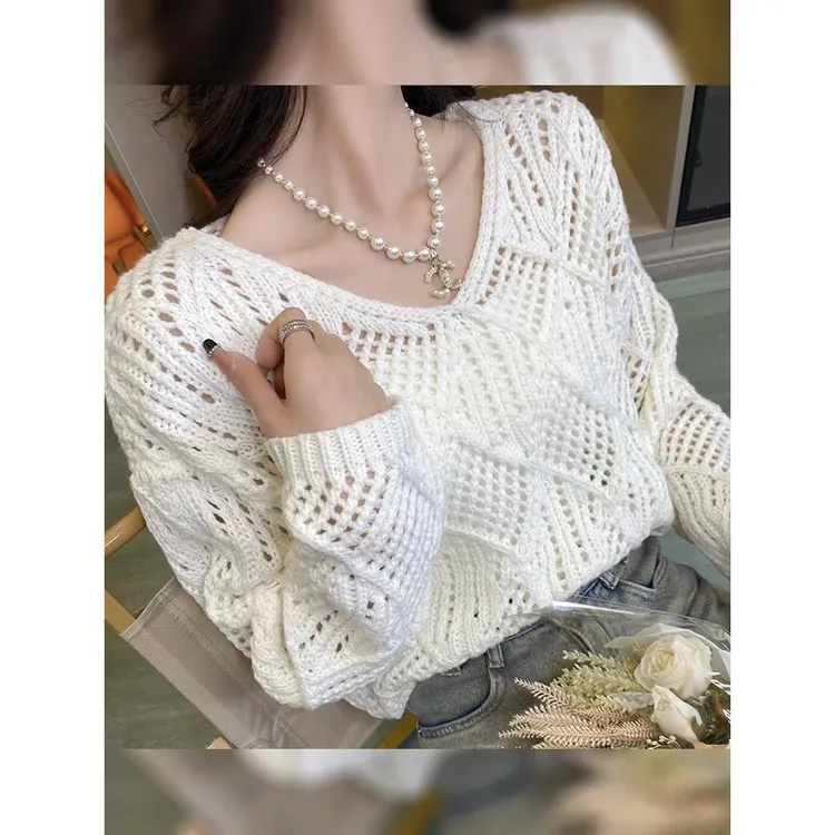 娜娜定制春秋V领镂空针织衫罩衫上衣女2025新款春秋宽松慵懒风薄