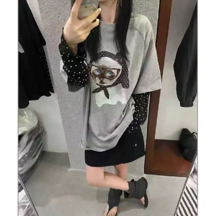 欧洲站卡通猫咪印花波点拼接假两件T恤2025秋季新款女洋气上衣潮