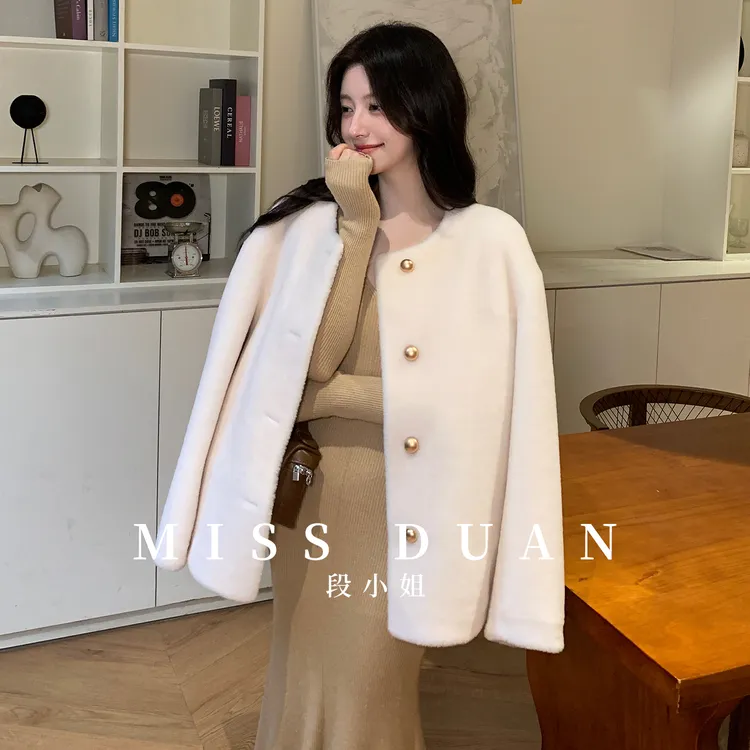 段小姐“山茶叙”秋冬新款时尚显瘦防皮毛一体皮草外套100羊毛