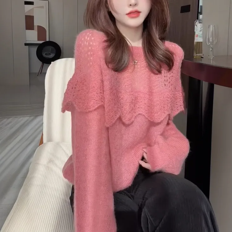 时尚新款洋气粉红色设计感木耳花边毛衣女秋冬显瘦圆领长袖针织衫