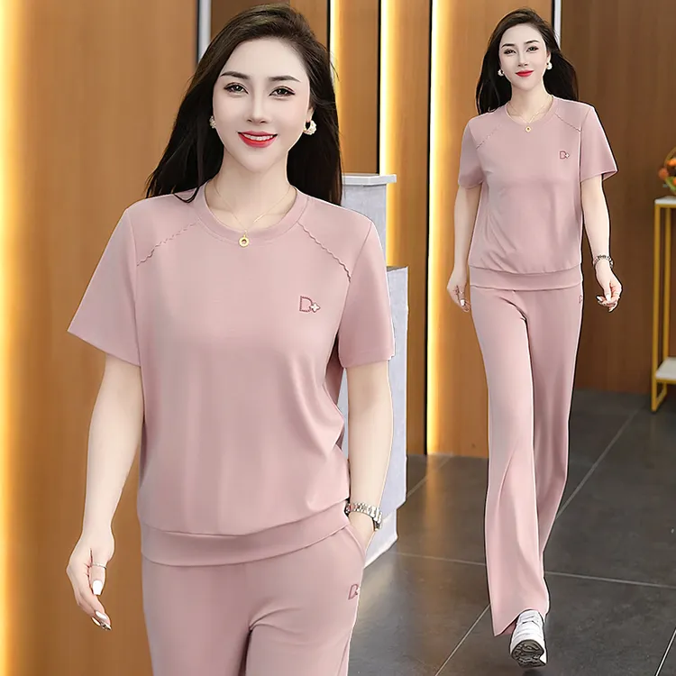 高级圆领2025夏季新款时尚休闲运动套装女宽松显瘦短袖长裤两件套