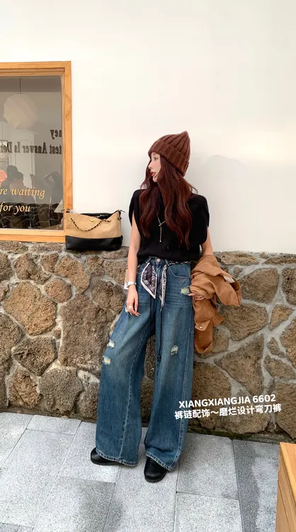 6602高腰直筒阔腿牛仔裤阔腿裤女秋季复古做旧休闲显瘦拖地裤
