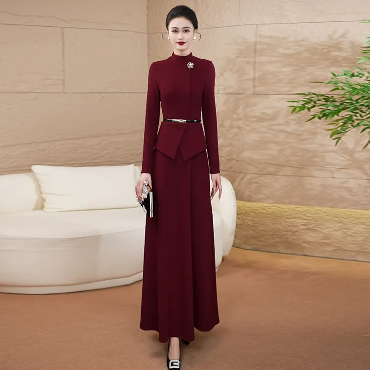 安可拉红色秋冬新款加厚长裙修身显瘦红裙时尚轻奢婚宴连衣裙73