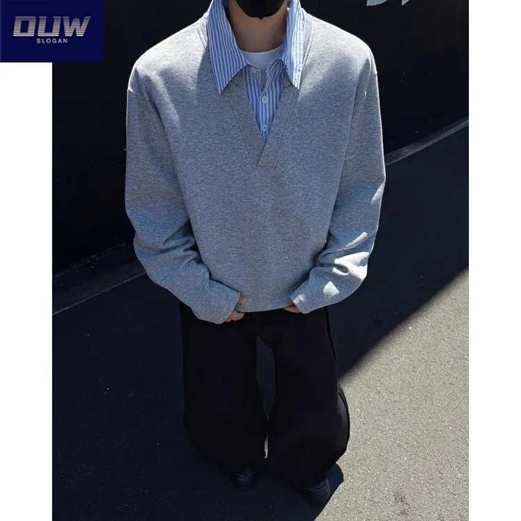 O.U.W假两件休闲POLO衫内搭套头款宽松男士秋冬新款拼接打底衫ins