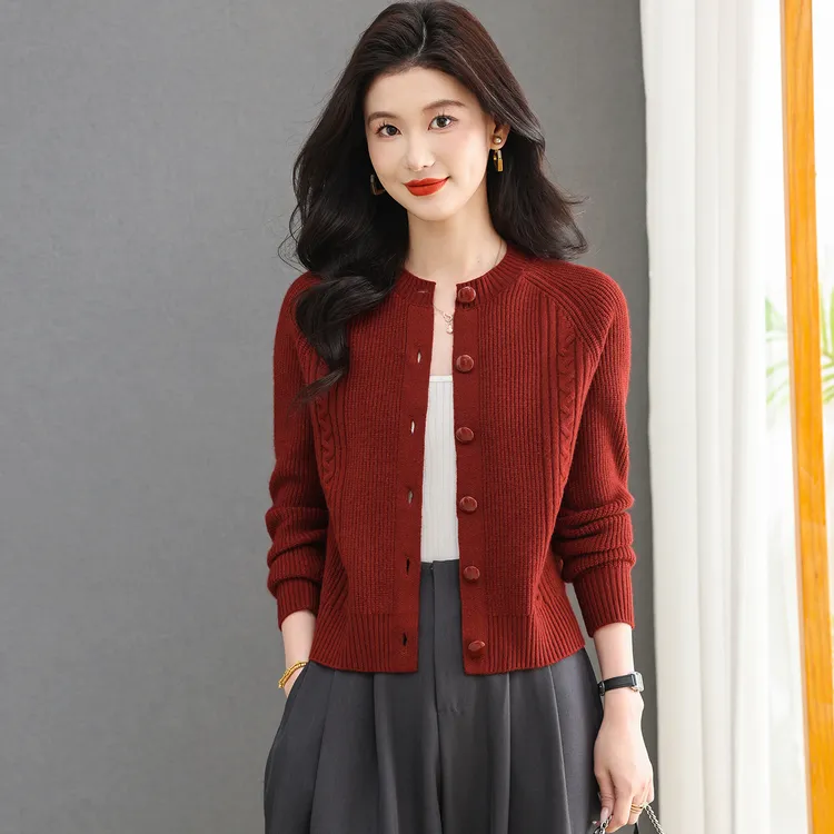 100%纯羊毛早秋新款圆领羊毛衫女士漂亮针织开衫秋冬外搭毛衣外套