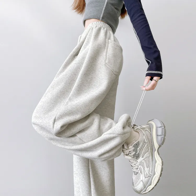 白灰色运动裤女春秋季高腰垂感宽松阔腿裤休闲阔腿小个子束脚卫裤