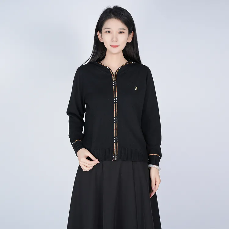 羊毛纯色休闲百搭时尚针织上衣连帽减龄女士外套开衫WH05007352