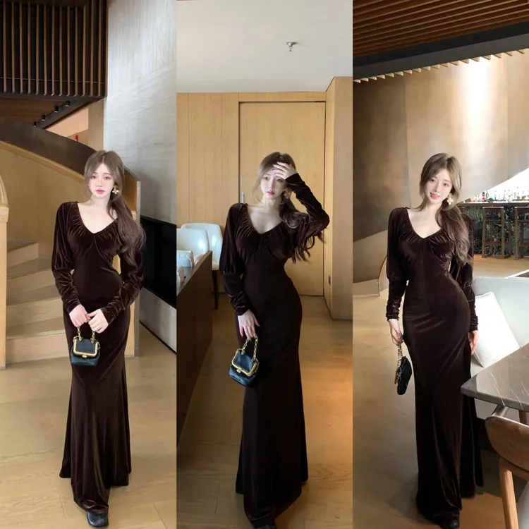 繁花复古午夜梦幻显瘦气质舞台性感女人高腰v字连衣裙