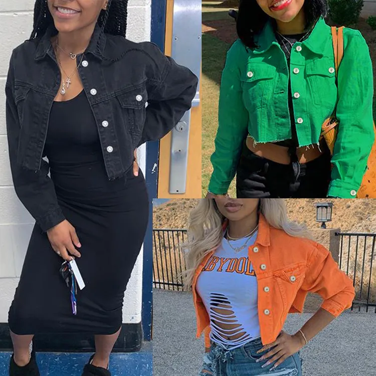 逊欧美风时尚多色毛边牛仔短款外套