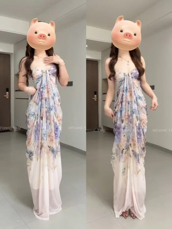无尽夏//紫色渐变印花吊带长裙度假出片约会花瓶裙~弹力网纱款