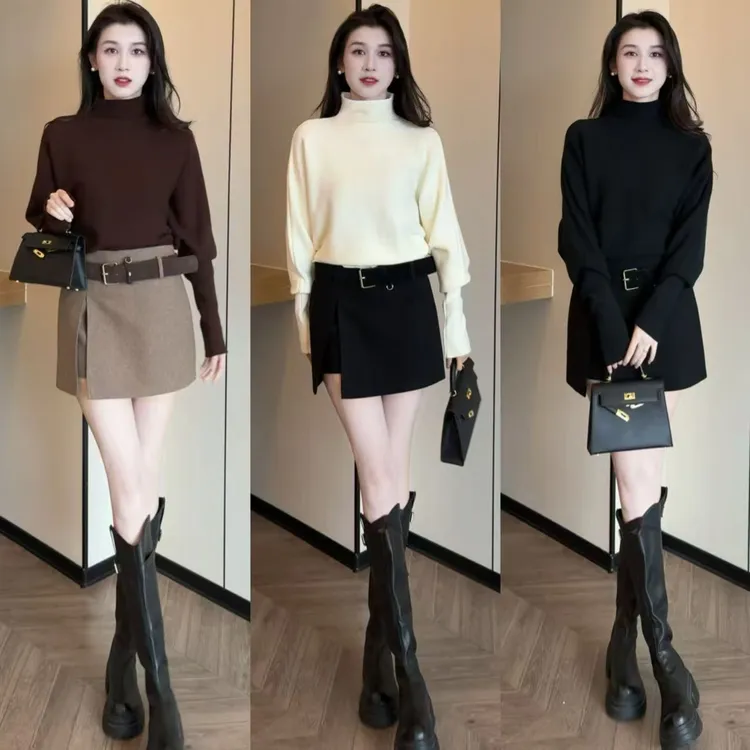 百搭高领蝙蝠袖小蛮腰毛衣开叉设计百搭毛呢中腰半裙裤套装