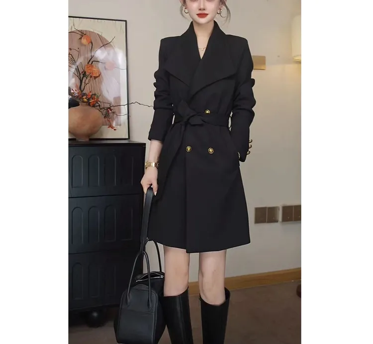 冬季小个子新款时尚大领口风衣外套高级感气质收腰显瘦双排扣