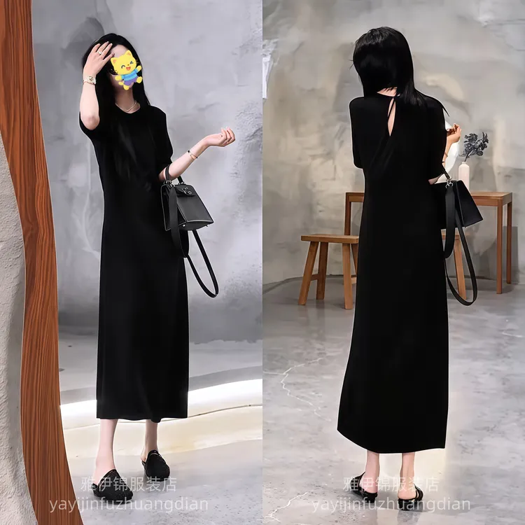韩系简约高级感休闲黑色连衣裙女夏季设计感宽松气质显瘦百搭长裙