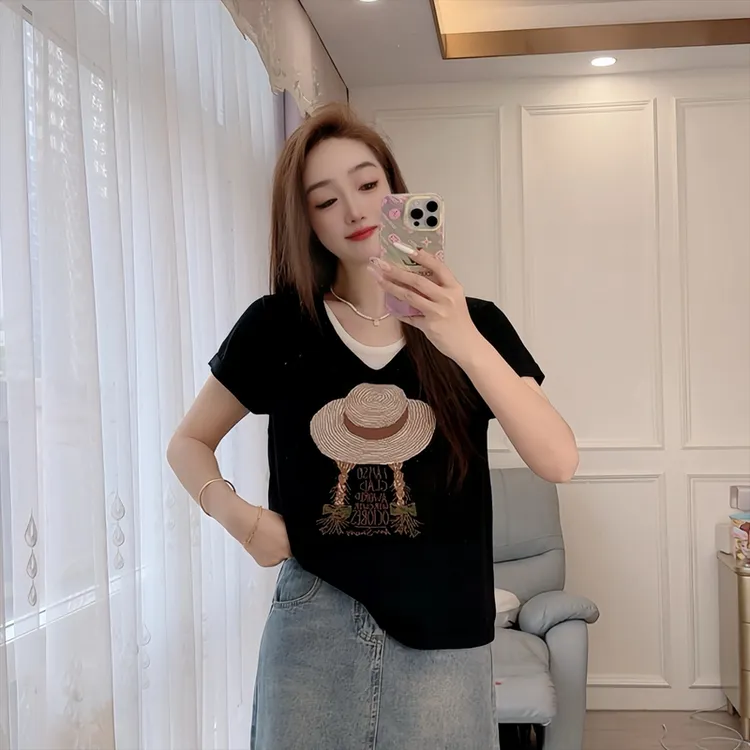 草帽彩色提花上衣显瘦罩衫夏季新款针织衫套头圆领短袖宽松女装