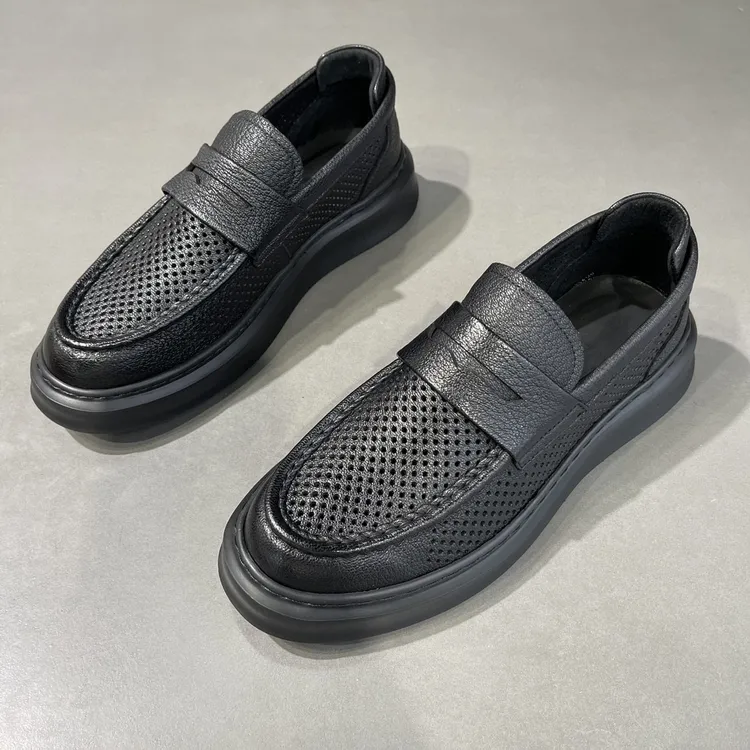 男款乐福鞋新款软皮一脚蹬镂空休闲皮鞋商务豆豆鞋男士透气懒人鞋