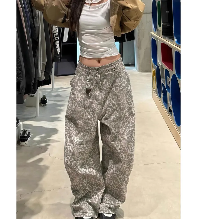 美式复古豹纹弯刀牛仔裤男女早秋辣妹廓形松弛慵懒宽松阔腿拖地裤