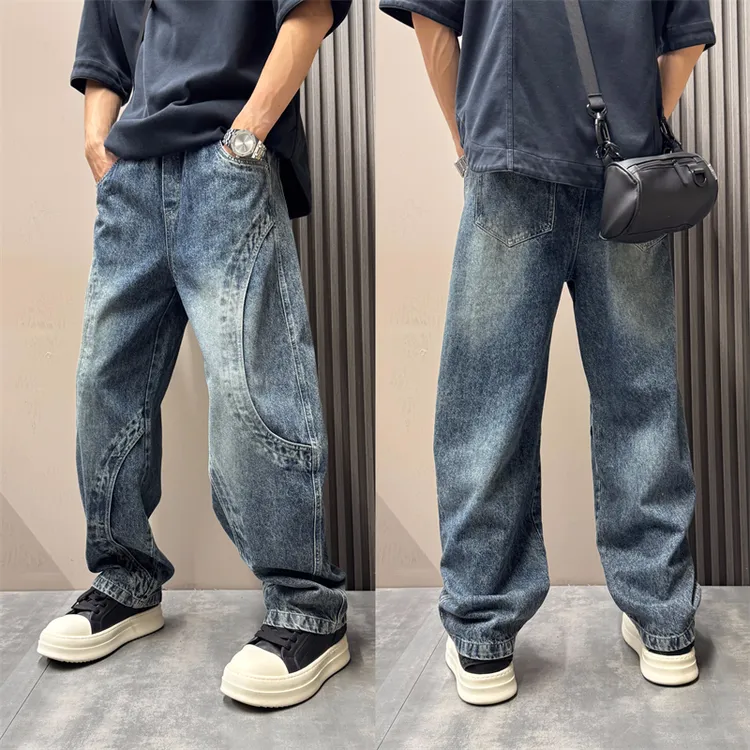 美式潮流拼接设计感阔腿牛仔裤男2025秋季新款宽松弯刀牛仔长裤