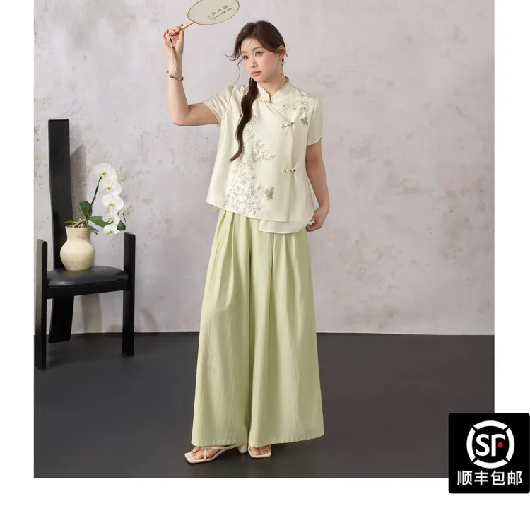 蓝语大码女装新中式绣花天丝小衫宽松巨显瘦裤裙漂亮套装11791