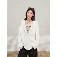 谢不肉 花边V领慵懒宽松长袖T恤女秋条纹修身背心套装50633/50634