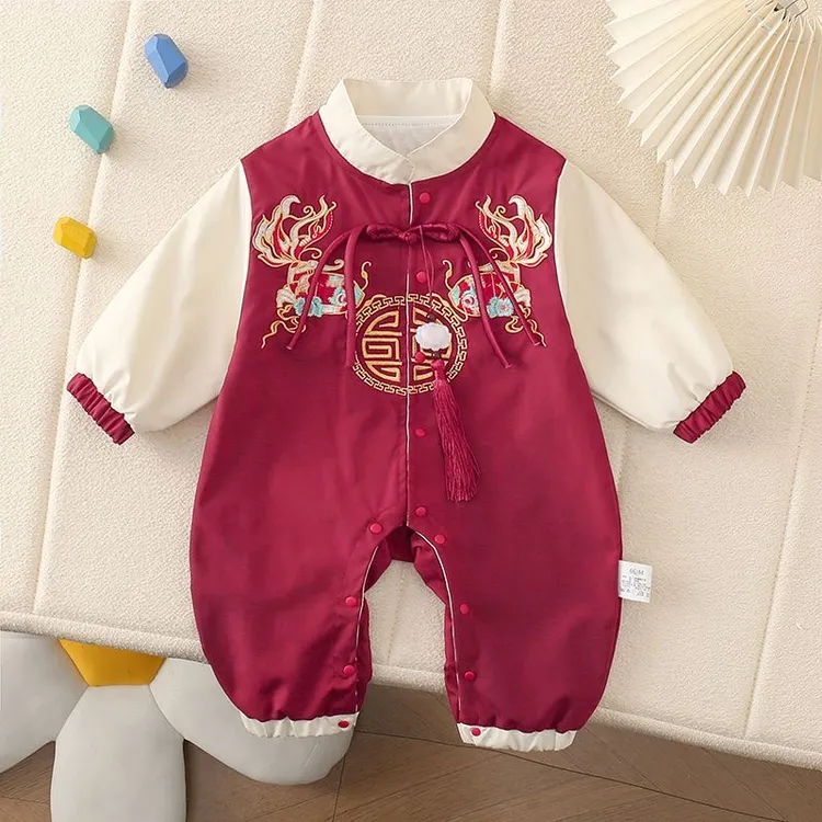 春秋款宝宝满月双层连体衣百天周岁喜庆红色爬服福鱼前开加里哈衣