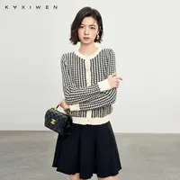 佧茜文黑白撞色千鸟格纹开衫【春秋】法式千金风针织上衣X01AWN1519