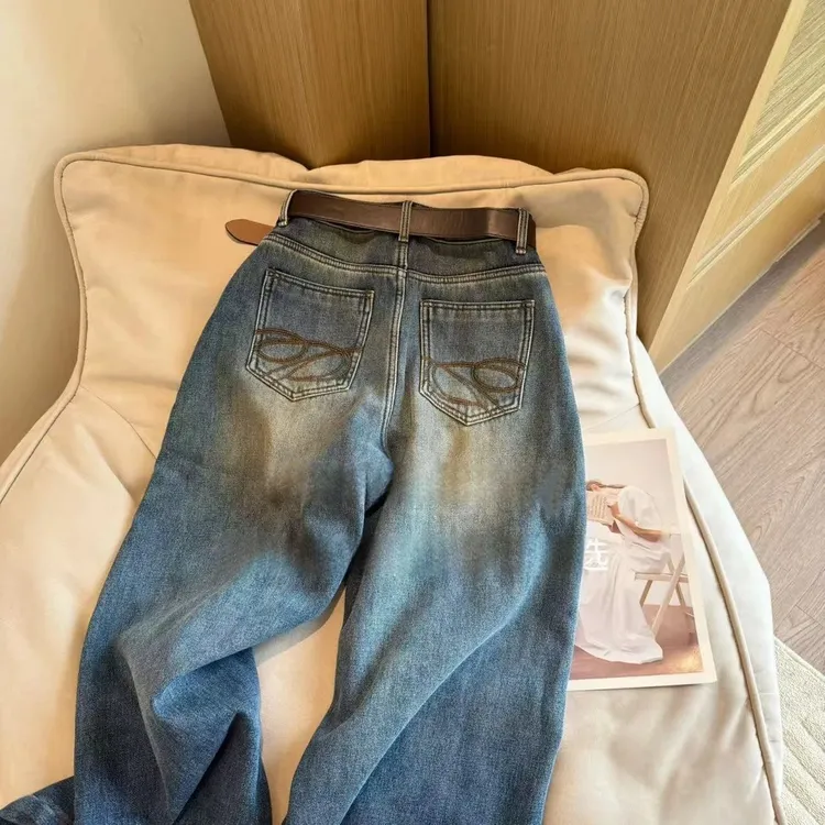 7695 Q【送腰带】加绒窄版显瘦阔腿裤冬季新柔软高腰宽松牛仔裤女