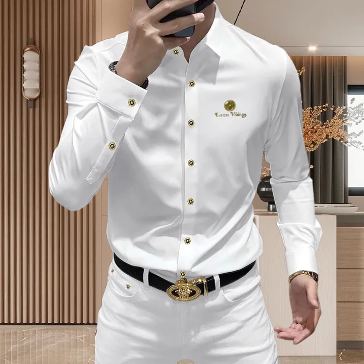 高级感白色弹力长袖衬衫2025春秋新款免烫垂感显瘦男士修身衬衣衫
