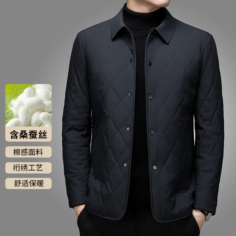 秋冬季翻领棉衣男士桑蚕丝加厚商务休闲保暖中青年高级感轻奢外套