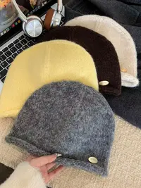 韩系卷边黄色针织帽女秋冬显脸小毛线帽可爱百搭保暖包头帽子冷帽