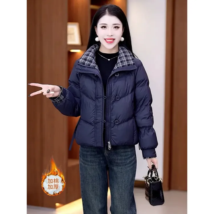 时尚格子拼接棉服女士冬季新款加厚保暖棉袄百搭洋气棉衣外套