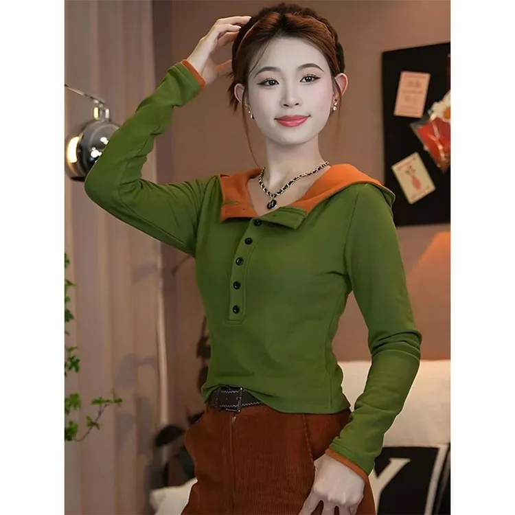 玉姐-撞色拼接单排扣连帽长袖t恤女2025新款早秋宽松显瘦休闲上衣