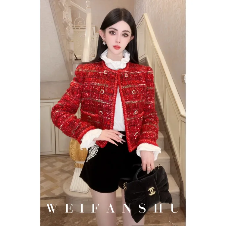 WEIFANSHU/魏凡舒【喜柿临风】秋冬新款新年红气质百搭小香风外套