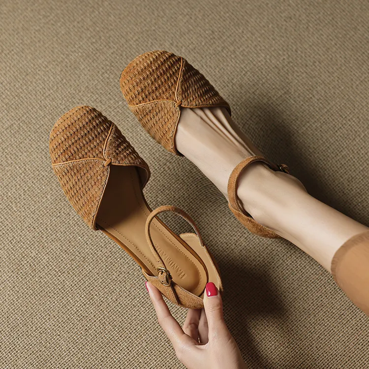 低跟3厘米/百搭夏季包头凉鞋复古真皮女鞋一字带仙女风时尚中空鞋