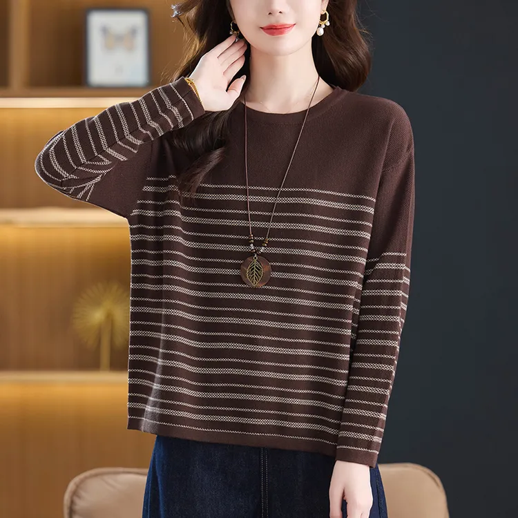女士条纹毛衣秋冬内搭宽松显瘦藏肉上衣2025年新款妈妈打底衫洋气